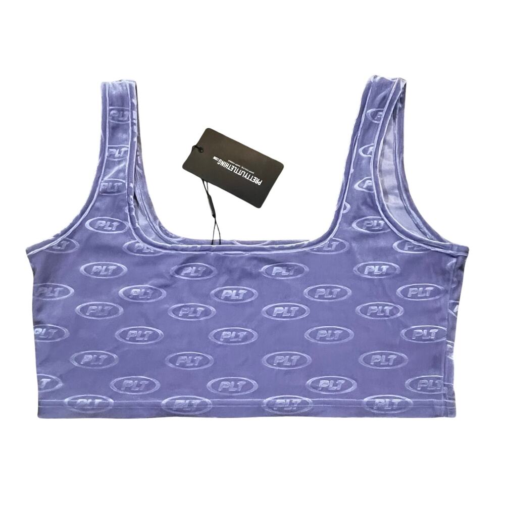 NEW PrettyLittleThing Women Size 12 PLT Purple Logo Crop Tank Top Y2K Streetwear